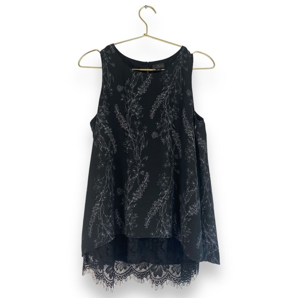 Worthington Petite S Black Floral Sleeveless Lace Hem Blouse 0438